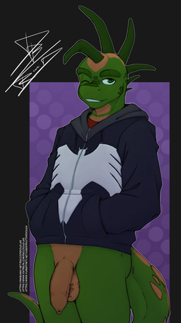 anthro balls biped black_background black_clothing black_hoodie black_topwear bottomless bottomless_anthro bottomless_male clothed clothed_male clothing dinosaur_tail dotted_background flaccid foreskin genitals geometric_background green_body green_eyes green_spikes green_spines hoodie humanoid_genitalia humanoid_penis logo_on_hoodie male male_anthro multicolored_body one_eye_closed pattern_background penis purple_background red_clothing red_shirt red_topwear reptile_tail shirt simple_background smile solo spikes spikes_(anatomy) tail tan_body tan_penis text topwear unretracted_foreskin wink zipper_hoodie raccoondouglas dinosaurs_(series) disney robbie_sinclair dinosaur hypsilophodon ornithischian ornithopod prehistoric_species reptile scalie 2022 absurd_res hi_res signature url