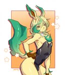 anthro black_clothing black_leotard blonde_hair brown_eyes bunny_costume cat_smile clothing costume eyelashes femboy hair hand_on_hip leaf leaf_ears leaf_tail leotard long_hair looking_at_viewer male solo tail masvino nintendo pokemon canid eeveelution generation_4_pokemon leafeon mammal pokemon_(species) hi_res