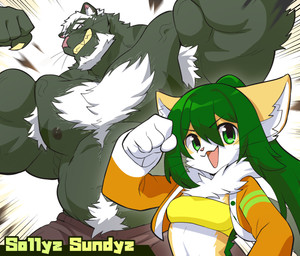 anthro areola armpit_hair beard black_areola black_nipples body_hair bottomwear bra brown_bottomwear brown_clothing brown_pants chest_hair chest_tuft claws clothed clothing cropped_jacket duo facial_hair female finger_claws flexing flexing_bicep flexing_both_biceps fur gloves_(marking) green_body green_eyes green_fur green_hair hair inner_ear_fluff jacket long_hair male markings multicolored_body multicolored_fur muscular muscular_anthro muscular_male navel nipples orange_clothing orange_jacket orange_topwear pants pink_nose pubes smile sports_bra teeth text topless topwear tuft two_tone_body two_tone_fur underwear vein veiny_muscles whiskers white_body white_fur white_hair white_inner_ear_fluff yellow_body yellow_bra yellow_clothing yellow_fur yellow_sports_bra yellow_teeth yellow_underwear sollyz sundyz wediz_(sollyz) felid mammal pantherine 2025 absurd_res artist_name hi_res