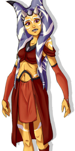 blue_lekku bottomwear clothing collarbone female lips loincloth midriff miniskirt navel not_furry purple_lips red_eyes shirt simple_background sitting skirt solo topwear white_background white_lekku yellow_body yellow_skin lalacat2000 star_wars alien humanoid togruta absurd_res hi_res