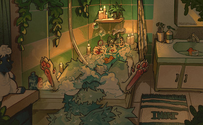 ambiguous_anthro ambiguous_gender anthro bath bathing bathroom bathroom_sink bathtub biped blowing_bubbles brush bubble bubble_bath cabinet candle candlelight foam fur hair inner_ear_fluff light multicolored_body multicolored_fur pawpads paws plant plant_pot plushie relaxing rubber_duck rug shower_curtain sink soap solo tail text toothbrush tuft two_tone_body two_tone_fur water randitawu canid canine mammal artist_name digital_drawing_(artwork) digital_media_(artwork) full-length_portrait hi_res portrait shaded