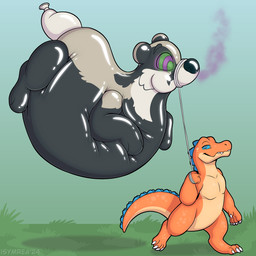 balloon blue_eyes duo hypnosis inflatable inflation mind_control orange_body outside ringed_eyes simple_background symrea animate_inanimate badger crocodile crocodilian living_inflatable mammal mustelid musteline reptile scalie 1:1 hi_res