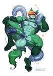 abs anthro areola balls biceps big_balls big_penis biped bodily_fluids claws countershade_fur countershade_torso countershading ear_piercing fingers fur genital_fluids genitals glans green_body green_fur hair half-erect huge_balls huge_penis humanoid_genitalia humanoid_penis male muscular muscular_anthro muscular_male nipples pecs penis penis_tentacles piercing precum quads simple_background smile solo tail tentacles text vein veiny_penis white_background plna hi_res url