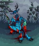 anthro autocannibalism blood blood_pool bodily_fluids body_horror dark eaten_raw exposed_muscle featureless_crotch flesh food forest gore horn horror_(theme) knife male meat plant self-harm skinning solo tree kolkolukija kiba_(kibanashote) deer mammal hi_res