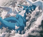 anthro battle blue_body claws countershading fight horn impact_crater male muscular muscular_anthro muscular_male pecs solo tail wings wounded kubota_keita bandai_namco digimon mythology digimon_(species) dragon exveemon mythological_creature mythological_scalie scalie absurd_res hi_res