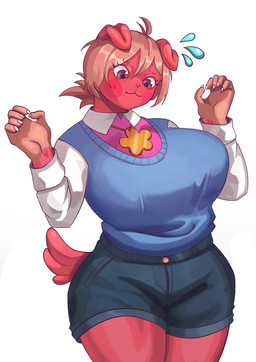 anthro big_breasts blonde_hair blue_clothing blue_shirt blue_topwear bodily_fluids bottomwear breasts clothing denim denim_bottomwear denim_clothing denim_shorts female floppy_ears folded_ears fur hair jewelry nails necklace orange_body orange_fur purple_eyes red_body red_fur shirt shorts small_tail smile solo standing star sweat sweatdrop tail thick_thighs topwear triangle_nose wide_hips worried_look anixaila 90_percent_studios purrfect_apawcalypse olive_higgins canid canine canis domestic_dog mammal hi_res