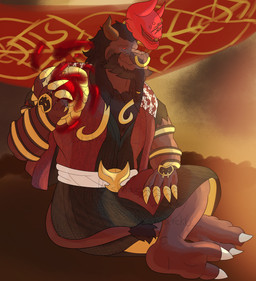 2_claws 2_toes anthro beard beard_ponytail black_hair body_hair claws clothing facial_hair facial_piercing feet finger_claws fur hair horn long_hair looking_at_viewer male muscular muscular_anthro muscular_male pattern_clothing pecs piercing plantigrade purple_body red_eyes smile smiling_at_viewer solo tail tail_tuft toe_claws toes topwear tuft bismarck6 asian_mythology dead_by_daylight east_asian_mythology european_mythology greek_mythology japanese_mythology mythology the_oni_(dead_by_daylight) bovid bovine demon humanoid mammal minotaur monster oni yokai hi_res