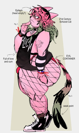 anthro arm_tattoo arm_warmers armwear big_butt bottomwear brown_highlights bulge butt clothing collar collar_tag fishnet_bottomwear fishnet_clothing footwear fur hair half-closed_eyes highlights_(coloring) huge_butt male narrowed_eyes panties pink_body pink_fur pink_hair shirt shoes slightly_chubby slightly_chubby_anthro slightly_chubby_male sneakers solo spiked_collar spikes stubble tank_top tattoo text thick_thighs topwear underwear wide_hips gat0pussy24 evil_container domestic_cat felid feline felis mammal english_text hi_res meme nonbinary_(lore)