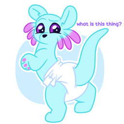 ambiguous_gender anthro black_nose blue_body blue_tail clean_diaper clothed clothing confusion dialogue diaper diaper_only digitigrade glistening glistening_eyes looking_back mouthless pawpads purple_pawpads purple_sclera side_view simple_background solo standing tail text topless wearing_diaper white_background white_diaper kibacpup rain_world videocult rivulet_(rain_world) slugcat 2025 english_text full-length_portrait hi_res portrait