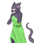 accessory anthro biped black_body black_fur blush clothing dress female flower flower_in_hair fur green_clothing green_dress hair hair_accessory plant slim_anthro slim_female solo murace4 domestic_cat felid feline felis mammal 2024 4:5 absurd_res hi_res