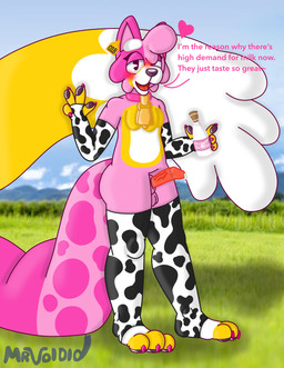 3_toes animal_print anthro arm_warmers armwear balls bell bell_collar big_tail blush bodily_fluids chest_fur claws clothing collar colored_nails cow_print cowbell cum ear_piercing ear_tag eyelashes feet genital_fluids genitals half-closed_eyes legwear male nails narrowed_eyes penis piercing pink_body solo tail thigh_highs toes vein veiny_penis pepto_heeler_(artist) pepto_heeler_(character) canid canine mammal absurd_res hi_res