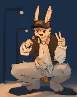 anal anal_penetration anthro balls baseball_cap black_baseball_cap black_clothing black_eyes black_hat black_headwear black_jacket black_topwear blush bodily_fluids bottomless bottomless_anthro bottomless_male candy carrot cheek_tuft clothed clothing crouching dessert dripping electronics erection facial_tuft food food_fetish food_in_ass food_insertion food_play fur genital_fluids genitals gesture hand_gesture hat head_tuft headgear headphones headphones_around_neck headwear humanoid_genitalia humanoid_penis improvised_sex_toy jacket leg_tuft lollipop looking_at_viewer male male_penetrated neck_tuft night object_in_ass open_mouth outside penetration penis perineum plant precum precum_drip red_tongue saliva saliva_on_tongue saliva_string shirt solo street_lamp three-quarter_view tongue tongue_out topwear tuft v_sign vegetable white_body white_clothing white_fur white_shirt white_topwear onion_y1 lagomorph leporid mammal rabbit 2025 absurd_res hi_res shaded