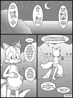 anthro belly butt male male_prey night outside overweight solo speech_bubble text vore young young_anthro young_male malezor sega sonic_the_hedgehog_(series) miles_prower canid canine fox mammal 2018 comic english_text hi_res monochrome