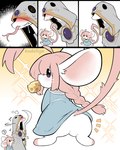 anthro blush bodily_fluids braided_hair butt cheese clothing dairy_products drooling duo emanata embarrassed female food food_in_mouth forked_tongue fur hair male pink_hair question_mark robe saliva scales sparkles stare tongue tongue_out white_body white_fur white_scales kudoliya elden_ring fromsoftware tarnished_(elden_ring) mammal mouse murid murine reptile rodent scalie snake 2024 4:5 comic halftone hi_res