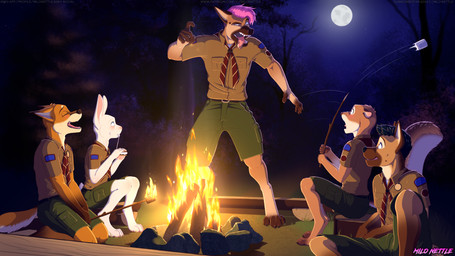 anthro badge bottomwear boy_scout boy_scouts campfire camping candy clothing dessert detailed_background food forest funny_face male marshmallow night plant roasted_marshmallows scared shorts silly silly_face storytelling stump tree uniformed_male young young_male milo_nettle milo_nettle_(character) canid canine canis domestic_dog fox german_shepherd herding_dog lagomorph leporid mammal pastoral_dog rabbit rodent sciurid tree_squirrel 16:9 hi_res widescreen