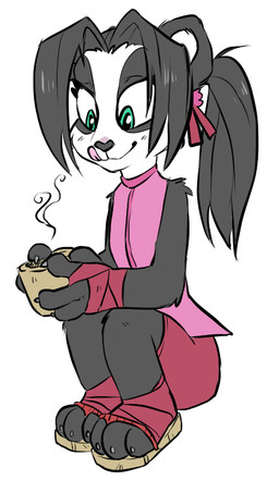 3_toes 4_fingers accessory anthro arm_tuft beverage black_body black_fur black_nose bottomwear clothing container countershade_face countershading cup feet female fingers footwear fur green_eyes hair hair_accessory hair_ribbon hand_wraps leg_wraps licking licking_lips long_hair looking_down nails pink_clothing pink_shirt pink_topwear ponytail red_bottomwear red_clothing red_shorts ribbons sandals shirt shoes shorts shoulder_tuft simple_background sitting sleeveless_shirt smile solo steam tea toes tongue tongue_out topwear tuft white_background wraps young young_anthro young_female kilopular blizzard_entertainment warcraft li_li_stormstout bear mammal pandaren 2016 colored digital_drawing_(artwork) digital_media_(artwork)