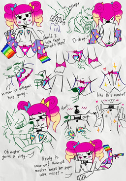 adult_on_young age_difference anthro bite black_nose blood blush bodily_fluids bottomwear breasts clothed clothing collar corruption cunnilingus dialogue duo eyelashes female flat_chested footwear fur genital_fluids genitals hair legwear looking_at_viewer multicolored_body neck_bite nipple_tape nipples nude open_mouth oral panties paper pasties sex simple_background small_breasts smile socks stockings tape tattoo teeth text topwear tramp_stamp underwear undressing vaginal white_body wig young young_anthro e-01 cartoon_network the_amazing_world_of_gumball teri_(tawog) zero_one bear canid canine canis mammal paper_creature wolf zerian_(species) absurd_res digital_media_(artwork) english_text hi_res