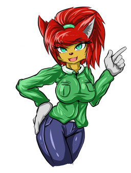 anthro big_breasts blue_eyes bottomwear breasts clothed clothing female fully_clothed gloves hair hand_on_butt handwear long_hair looking_at_viewer open_mouth pants ponytail pupils red_hair shirt simple_background slit_pupils solo teeth tongue topwear white_background tailzkim leina_lee canid canine fox mammal 2015 hi_res