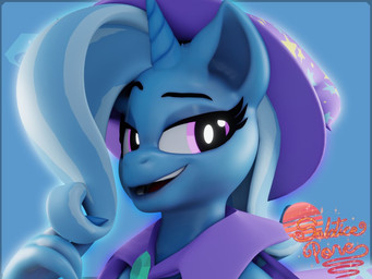 1_horn 4_fingers anthro anthrofied blue_background blue_border blue_hair border cape clothing dark_eyelids eyebrows eyelashes female fingers glistening glistening_body glowing glowing_eyes hair hat headgear headwear horn looking_at_viewer medium_hair open_mouth open_smile outside_border purple_cape purple_clothing purple_hat purple_headwear purple_witch_hat raised_eyebrow simple_background smile smiling_at_viewer smug solo text white_hair witch_hat geodat friendship_is_magic hasbro my_little_pony mythology trixie_(mlp) equid equine mammal mythological_creature mythological_equine unicorn 2025 3d_(artwork) 4:3 blue_theme bust_portrait digital_media_(artwork) english_text portrait