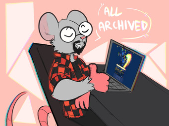 anthro bottomwear buffalo_plaid cheek_tuft clothing computer denim denim_bottomwear denim_clothing dialogue electronics eyes_closed eyewear facial_hair facial_tuft flannel_shirt fur glasses goatee grey_body grey_fur homepage jeans laptop male pants pink_background pink_body pink_skin simple_background smile solo speech_bubble text tuft xing1 e621 smugly mammal murid murine rat rodent english_text hi_res