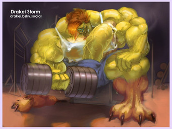 big_muscles big_penis bird_legs bodily_fluids clothing cum dumbbell exercise eyewear genital_fluids genitals glasses gym half-erect holding_dumbbell holding_object huge_muscles huge_penis humanoid_genitalia humanoid_penis hyper leaking_cum lifting_dumbbell male muscular muscular_male penis shirt solo tank_top topwear vein veiny_muscles veiny_penis weights yellow_body drakei avian bird