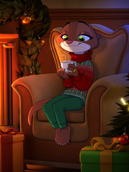 4_fingers 4_toes anthro beverage bottomwear brown_body brown_fur chair clothed clothing digit_ring feet female fingers fur furniture gift green_eyes holidays inside jewelry pants ring sitting solo sweater toes topwear wedding_ring whiskers white_body white_fur siroc christmas disney zootopia mrs._otterton mammal mustelid otter 3d_(artwork) digital_media_(artwork) hi_res mixed_media
