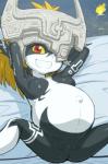 belly big_belly blonde_hair breasts female genitals hair looking_at_viewer navel nipples not_furry nude outie_navel pregnant pregnant_female pregnant_humanoid pussy red_eyes smile solo spread_legs spreading teeth yellow_sclera tenseiani nintendo the_legend_of_zelda twilight_princess midna humanoid twili censored mosaic_censorship