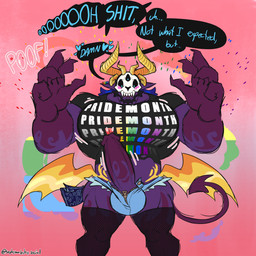 3_eyes barazoku beard big_muscles big_pecs big_penis blue_hair blush bone bottomwear claws clothing demonic dialogue ear_piercing erection facial_hair fishnet_clothing fishnet_legwear genitals hair heart_(marking) horn huge_pecs huge_penis humanoid_genitalia humanoid_penis ineffective_clothing legwear lgbt_pride magic magic_user male markings multi_eye muscular muscular_arms muscular_male pecs penis piercing pointy_ears poof pride_colors profanity purple_body rainbow ritual sharp_teeth shirt shorts skull skull_head solo spade_tail species_transformation speech_bubble t-shirt tail teeth text tight_clothing topwear transformation transformation_through_magic unusual_wing_placement unzipped waist_wings wings zipper sophymn lgbt_pride_month pri(demon)th demon 1:1 2026 digital_drawing_(artwork) digital_media_(artwork) english_text hi_res story story_in_description