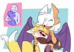 5_fingers anthro big_breasts blush bodily_fluids breasts clothed clothing drooling duo female fingers fur huge_breasts kissing kissing_forehead male male/female nipple_outline saliva simple_background smile bigdad sega sonic_the_hedgehog_(series) miles_prower rouge_the_bat bat canid canine fox mammal 2017 digital_media_(artwork)