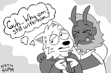 antennae_(anatomy) anthro anthro_on_anthro clothed clothing collared_shirt dialogue duo eyes_closed fingers_together hair hug looking_away male male/male mane open_clothing open_shirt open_topwear polo_shirt romantic romantic_couple shirt smile text thought_bubble tongue tongue_out topwear not4summ normalsville ferris_(normalsville) owen_(normalsville) arthropod bee canid canine canis domestic_dog hymenopteran insect mammal 2026 english_text greyscale monochrome