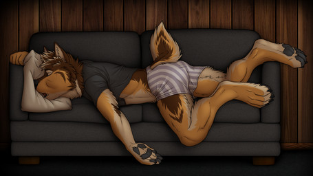 4_toes 5_fingers anthro brown_body brown_fur clothing digitigrade_paws eyes_closed feet fingers fur furniture grey_clothing grey_shirt grey_topwear male neck_tuft open_mouth pattern_clothing pattern_underwear rolled_up_shirt shirt sleeping sleeping_on_sofa sleeping_on_stomach sofa solo striped_clothing striped_underwear stripes tan_body tan_fur toes topwear tuft underwear yellow_body yellow_fur rekkidoggo rex_(rekkidoggo) canid canine canis domestic_dog mammal 16:9 4k absurd_res hi_res widescreen