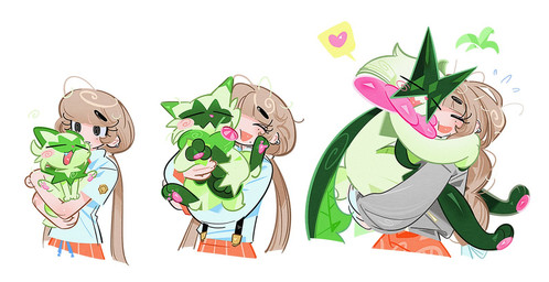 ambiguous_gender anthro black_eyes blush bodily_fluids duo ear_piercing ear_ring eyelashes eyes_closed fangs female feral fur green_body green_fur green_hair hair heart_symbol holding_another hug markings mole_(marking) open_mouth pawpads paws piercing progression ring_piercing simple_background sweat sweatdrop tail tan_hair teeth bolteu136173 nintendo pokemon felid feline floragato generation_9_pokemon human mammal meowscarada pokemon_(species) sprigatito 2025 digital_media_(artwork)