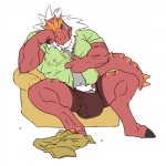 anthro biceps big_muscles big_penis biped bulge chair clothed clothing furniture genitals hair looking_at_viewer male muscular muscular_anthro muscular_male partially_clothed penis reclining shirt simple_background sitting solo topwear underwear undressing white_hair ws nintendo pokemon dinosaur fossil_pokemon generation_6_pokemon pokemon_(species) prehistoric_species reptile scalie theropod tyrantrum 1:1