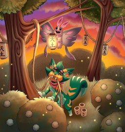 ambiguous_gender antennae_(anatomy) cloud decoration detailed_background duo eyewear eyewear_on_head fangs feral flying goggles goggles_on_head grass head_tuft insect_wings lamp lantern leaf leg_markings lepidopteran_wings markings paws plant shrub sky socks_(marking) teeth tree tuft wings ezpups nintendo pokemon arthropod insect lepidopteran mammal moth 2020 absurd_res hi_res