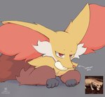 ambiguous_gender anthro egg fangs feral fur inner_ear_fluff multicolored_body object_in_mouth orange_body orange_eyes orange_fur paws red_body red_fur simple_background solo teeth text tuft white_body white_fur yellow_body yellow_fur razgrizdl nintendo pokemon canid canine delphox fennec_fox fox generation_6_pokemon mammal pokemon_(species) true_fox 2025 english_text hi_res reference_image signature