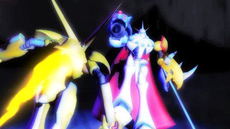 arm_cannon armor cape clothing fight fire flying gold_(metal) gold_armor horn jet_pack sword_arm weapon_arm white_armor ryoosakuling bandai_namco digimon mythology digimon_(species) dragon humanoid mythological_creature mythological_scalie omega_shoutmon omnimon reptile scalie 16:9 2021 3d_(artwork) digital_media_(artwork) hi_res source_filmmaker_(artwork) widescreen