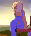 anthro blonde_hair blue_clothing butt button_(fastener) clothing curled_hair ear_piercing ear_tag female fur hair heart_symbol hooves horn landscape orange_body orange_fur outside overalls overalls_only piercing pink_nose sitting solo tailgate_(car_part) tailgating truck zaggiiee jazzy_(zaggiiee) bovid bovine cattle highland_cattle mammal