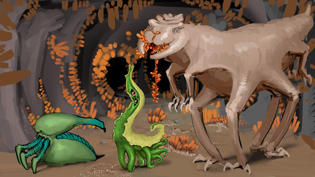 8_limbs ambiguous_gender detailed_background eyeless feral group mandibles plant red_eyes standing tentacles trio unusual_anatomy meandraco alien mollusk 16:9 2023 detailed digital_media_(artwork) hi_res widescreen