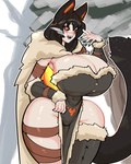 big_breasts black_hair black_sclera blush bottomwear breasts breath brown_bottomwear brown_clothing brown_loincloth cleavage clothed clothed_female clothed_humanoid clothing female fox_ears fur_coat hair huge_breasts huge_hips legwear loincloth multicolored_hair orange_eyes orange_hair small_waist snow snowing solo thick_thighs thigh_highs two_tone_hair wide_hips thevarking vtuber milla_noire animal_humanoid canid canid_humanoid canine canine_humanoid fox_humanoid humanoid mammal mammal_humanoid 2025 4:5 hi_res