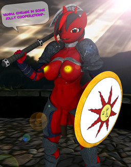 animal_genitalia animal_penis anthro anthrofied areola armor armwear axe balls battle_axe big_breasts biped black_hair boots bracers breasts clothed clothing dialogue equine_genitalia equine_penis erect_nipples flaccid footwear genitals greaves gynomorph hair horn intersex knight looking_at_viewer melee_weapon multicolored_hair navel nipple_piercing nipples partially_clothed pauldron penis piercing round_armor shield shoes smile solo speech_bubble text warrior weapon forsaken_(artist) dark_souls fromsoftware hasbro my_little_pony mythology praise_the_sun_(meme) fan_character forsaken_(character) solaire_of_astora demon equid equine mammal mythological_creature mythological_equine unicorn 2015 3d_(artwork) crossover digital_media_(artwork) english_text hi_res meme