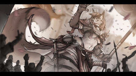anthro armor bikini_armor black_bars dagger fantasy female group larger_female macro melee_weapon micro polearm size_difference solo_focus spear unconvincing_armor weapon thesociallyawkwardpinguin canid canine fox human mammal absurd_res hi_res letterbox