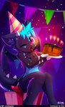 2020 anthro artist_name biped birthday_cake black_body black_fur blue_body blue_countershading blue_fur blue_hair cake candle clothing countershade_fur countershade_torso countershading cute_fangs dated dessert digital_media_(artwork) dragon food fur furred_dragon furred_scalie gift hair hat headgear headwear hi_res holding_cake holding_food holding_object horn inner_ear_fluff lit_candle lunesnowtail male membrane_(anatomy) membranous_wings mythological_creature mythological_scalie mythology notched_wings one_eye_closed open_mouth party_hat pink_eyes red_tongue scalie shaded sitting solo spiked_tail spikes spikes_(anatomy) tail tongue tongue_out tuft wings