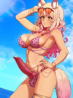 alternative_fashion animal_genitalia animal_penis balls_in_panties balls_in_underwear belly big_penis bikini blonde_hair bodily_fluids breasts canine_genitalia canine_penis cleavage clothed clothing cloud colored_nails cum cum_between_breasts cum_on_breasts emanata erection eyewear eyewear_on_head genital_fluids genitals gyaru gynomorph gynomorph_humanoid hair hand_on_hip hand_on_own_hip inner_ear_fluff intersex intersex_humanoid j-fashion jewelry knot knotted_penis lens_flare looking_down looking_down_at_genitalia looking_down_at_penis nails navel pattern_bikini pattern_clothing pattern_swimwear penis pink_nails precum precum_on_penis seaside sky solo sunglasses sunglasses_on_head swimwear tan_body tuft two-piece_swimsuit vein veiny_penis water wearing_sunglasses wet todding fate_(series) type-moon suzuka_gozen animal_humanoid canid canid_humanoid canine canine_humanoid fox_humanoid humanoid mammal mammal_humanoid absurd_res colored digital_media_(artwork) hi_res shaded