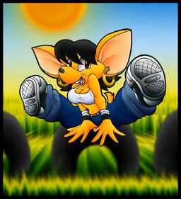 anthro belt big_breasts black_hair bottomwear breasts clothing crop_top denim denim_bottomwear denim_clothing ear_piercing ear_ring female footwear fur grass hair jeans navel open_mouth pants piercing plant ring_piercing shirt shoes sky sneakers solo sun teeth topwear yellow_body yellow_fur virus-20 sabana_(virus-20) canid canine canis chihuahua domestic_dog mammal toy_dog 2010 digital_media_(artwork)