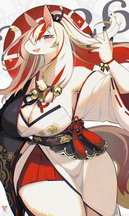 5_fingers abstract_background accessory anthro arms_bent asian_clothing bell bell_accessory big_breasts biped black_clothing black_topwear blush bottomwear breasts chest_tuft cleavage clothed clothed_anthro clothed_female clothing dress east_asian_clothing eyebrows eyelashes female female_anthro fingers fur glistening glistening_eyes hair hair_accessory hair_bell hand_on_hip highlights_(coloring) holidays hooved_fingers hooves humanoid_hands japanese_clothing kemono looking_at_viewer multicolored_clothing multicolored_eyes multicolored_hair number obi obijime open_mouth open_smile pink_inner_ear pink_mouth pointy_ears pose prick_ears pupils red_bottomwear red_clothing red_hair red_highlights red_skirt skirt smile smiling_at_viewer solo sparkles standing tail thick_thighs topwear tuft two_tone_hair white_body white_clothing white_dress white_ears white_fur white_hair white_sclera wide_hips yukata kishibe new_year new_year_2026 equid equine horse mammal 2026 dated digital_media_(artwork) hi_res portrait signature three-quarter_portrait