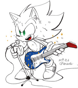 anthro biped bodily_fluids clothing electric_guitar electronics footwear gloves green_eyes guitar handwear holding_guitar holding_musical_instrument holding_object male microphone microphone_stand musical_instrument open_mouth open_smile plucked_string_instrument shoes singing smile solo sparkles standing string_instrument sweat nonananana sega sonic_the_hedgehog_(series) sonic_the_hedgehog eulipotyphlan hedgehog mammal 2019 dated