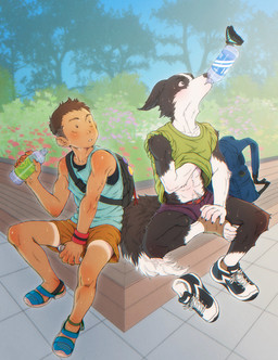 abs anthro athletic athletic_anthro athletic_male black_body black_fur bodily_fluids bottle bottomwear claws clothing container duo fluffy fluffy_tail folded_ears footwear fur furgonomics kemono male multicolored_body multicolored_fur outside sandals shirt shoes shorts sneakers sweat sweatdrop t-shirt tail tank_top toe_claws topwear two_tone_body two_tone_fur water_bottle white_body white_fur hanpei_tor torte ambient_arthropod ambient_butterfly ambient_insect border_collie canid canine canis collie domestic_dog herding_dog human mammal pastoral_dog sheepdog hi_res