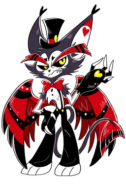anthro clothed clothing grumpy hat headgear headwear male simple_background solo suspenders tail white_background wings 2bosi hazbin_hotel hellaverse husk_(hazbin_hotel) demon domestic_cat felid feline felis mammal hi_res