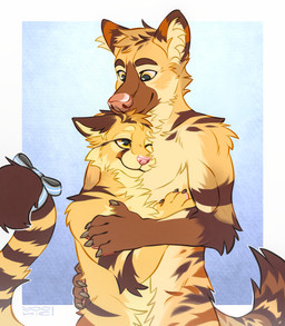 anthro anthro_on_anthro arm_tuft brown_markings cheek_tuft closed_smile duo ears_back elbow_tuft facial_tuft fur glistening glistening_eyes head_tuft hug male male/male markings mouth_closed neck_tuft nude one_eye_closed orange_body orange_eyes orange_fur pink_nose pivoted_ears shoulder_tuft simple_background smile standing striped_markings striped_tail stripes tail tail_markings tuft yellow_body yellow_eyes yellow_fur yookie zandkass canid canine felid mammal 2024 dated hi_res