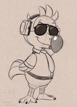 3_toes anthro beak belt bottomless clothed clothing electronics eyebrows eyewear feathers feet headphones male necktie raised_eyebrow shirt simple_background smile solo sunglasses toes topwear wings adriano_berjillos animal_crossing nintendo wilbur_(animal_crossing) avian bird columbid dodo recently_extinct_species sketch